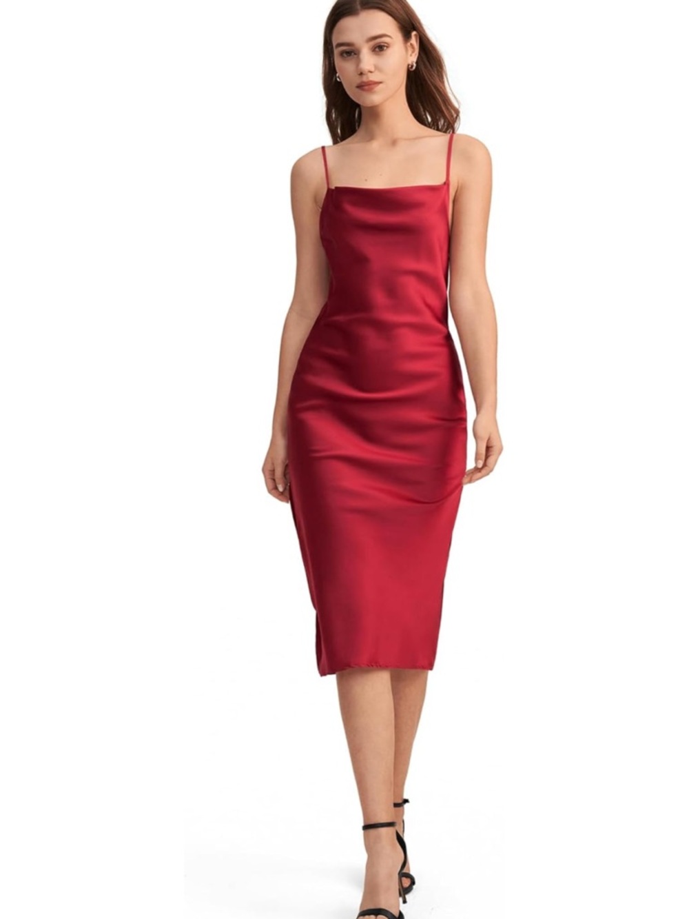 Red Cowl Neck Midi Silk Slip Dress